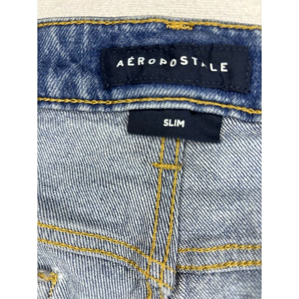 Aeropostale Slim‎ Fit Jeans Mens 36x32 Blue Good Distressed Ripped Denim